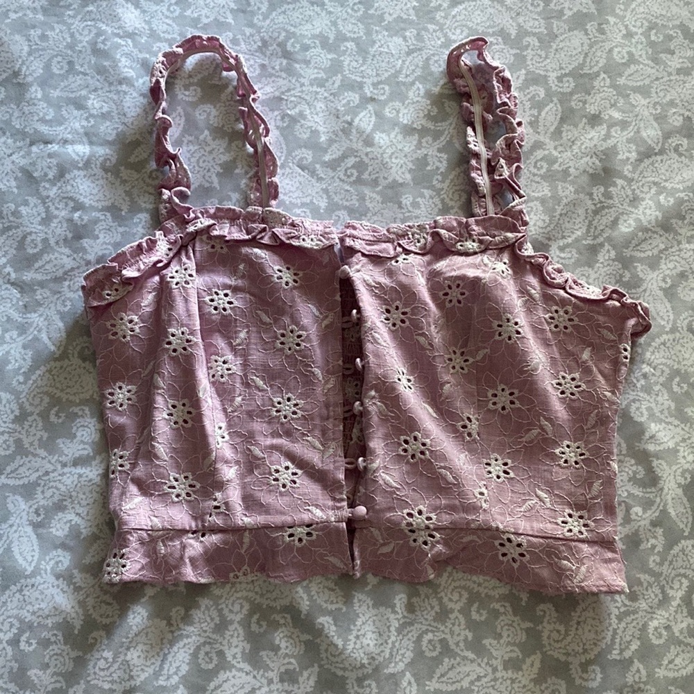 Astr the label pink ruffle crochet top size M